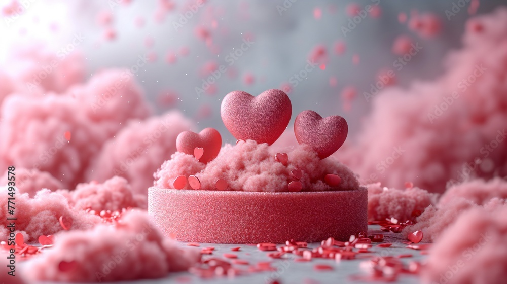 Podium background adorned with flowers, including roses, is a pink product display. Podium background adorned with flowers, including roses, is a pink product display.