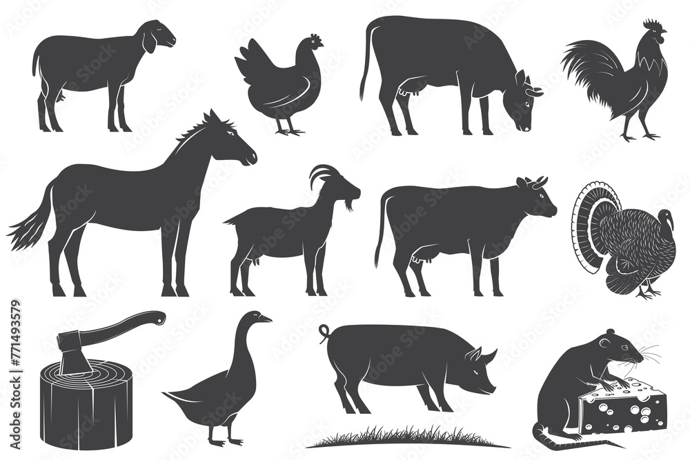 Farm animals icons silhouettes. Vector illustration. Design elements for farm business - shop, market, packaging, menu.