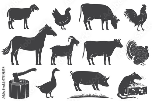 Farm animals icons silhouettes. Vector illustration. Design elements for farm business - shop  market  packaging  menu.