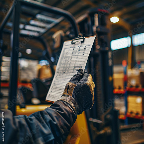 A forklift lifting a safety checklist with a focus on the checklist held by a gloved hand