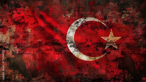 A grunge textured Turkish flag. The flag has a red background with a white crescent moon and star.