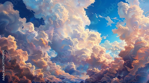 A beautiful dreamscape of soft cloudscape with a bright, light blue sky and fluffy white clouds.