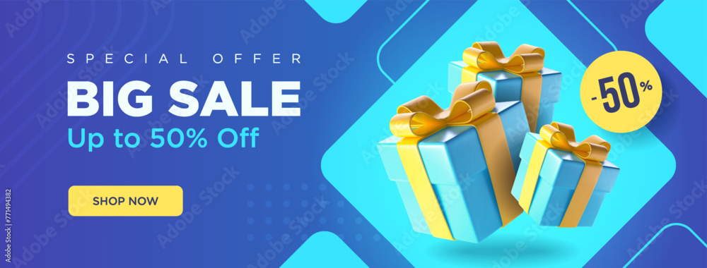 Big sale long banner with blue and purple shades. A couple of gift boxes with discount label. Vector illustration. Big sale long banner with blue and purple shades. A couple of gift boxes with discount label. Vector illustration.