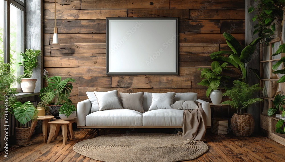 White frame hanging on dark wooden wall. White frame hanging on dark wooden wall.