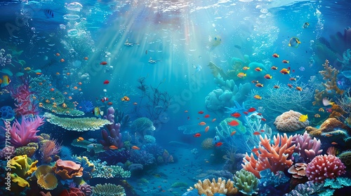 Underwater world. Colorful fishes swim near a coral reef. photo