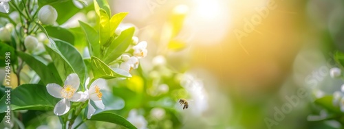 Beautiful natural background with orange tree foliage and flowers and a bee outdoors in nature.