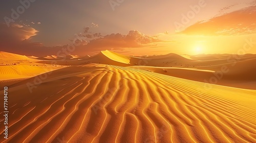 Amazing sand dunes in the middle of a desert at sunset. The warm colors of the sand and the sky create a beautiful and peaceful scene.