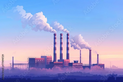 Power plant with smoking chimneys on background of blue sky, factories release CO2 into atmosphere, concept of carbon trading market and atmospheric pollution, air pollution, digital illustration photo