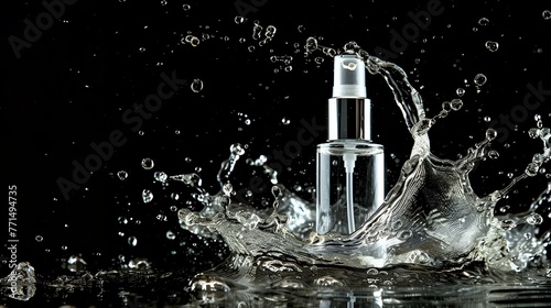 Transparent cosmetic bottle with a silver cap. Water splash on a black background. photo