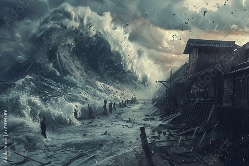 Powerful Tsunami Aftermath, Destructive Waves, Dramatic Natural Disaster Concept Art