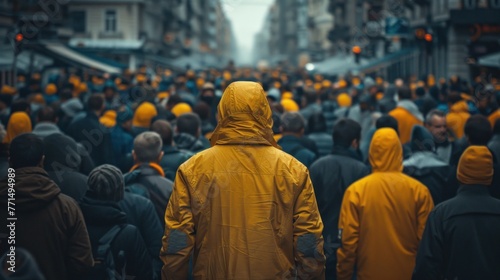 Man in yellow jacket standing out from large crowd of people in the middle of the street