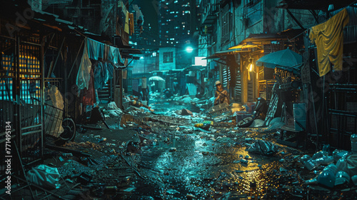 dirty slum with sull of junk at night , pollution air , overcrowded slum residence