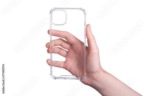 Clear iPhone 15 plus case isolated on white background. Silicone case in a female hand. Phone case mock up. Holding phone cover in hand