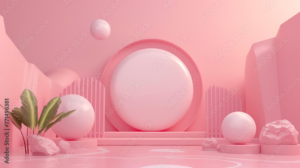 3D rendering of a pink and white abstract geometric background with a podium for product display.