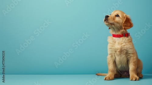 golden retriever puppy, wearing a red collar and sitting on a floor, with a solid blue background