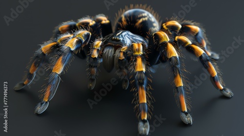 A beautiful and realistic render of a tarantula. The tarantula is black and orange, with a hairy body and eight legs.