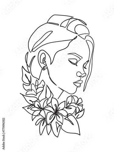 Woman portrait, face with flowers. Simple, minimalist vector illustration. One Line drawing