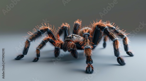 A 3D rendering of a tarantula. The tarantula is black and hairy, with eight legs and two large fangs.