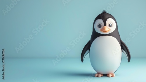 3D illustration of a cute penguin standing on a blue background. The penguin has a friendly expression on its face and is looking at the viewer. © stocker