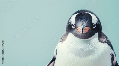 A close-up of a penguin looking at the camera with a blurred background. The penguin is black and white with a yellow beak. photo