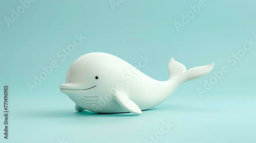 3D rendering of a cute and simple white whale on a blue background. The whale is smiling and looks happy.