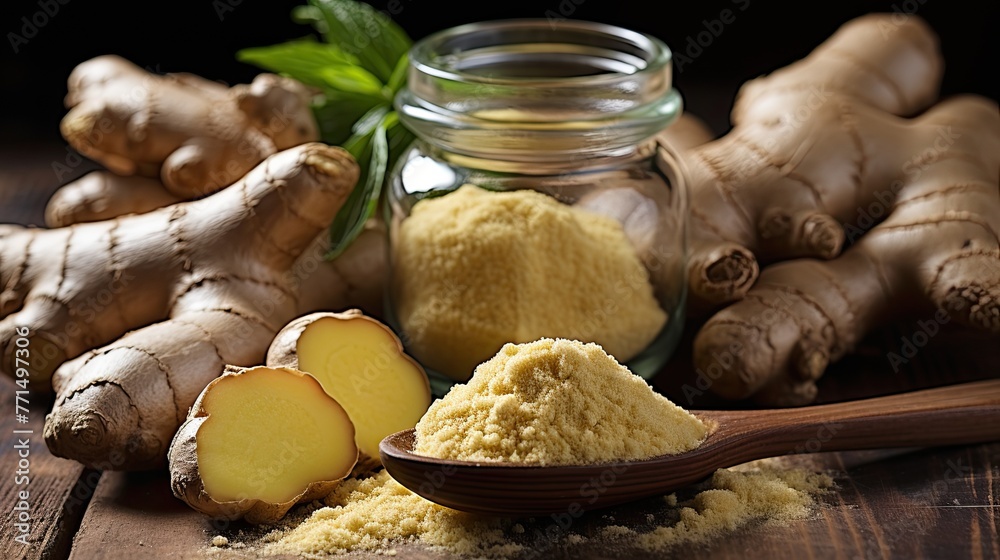 Fototapeta premium Ginger root spice, root, slices and powder on the table