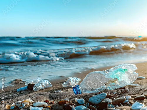 Close-up of a single use plastic bottle on the shore, a reminder of ocean pollution, text overlay
