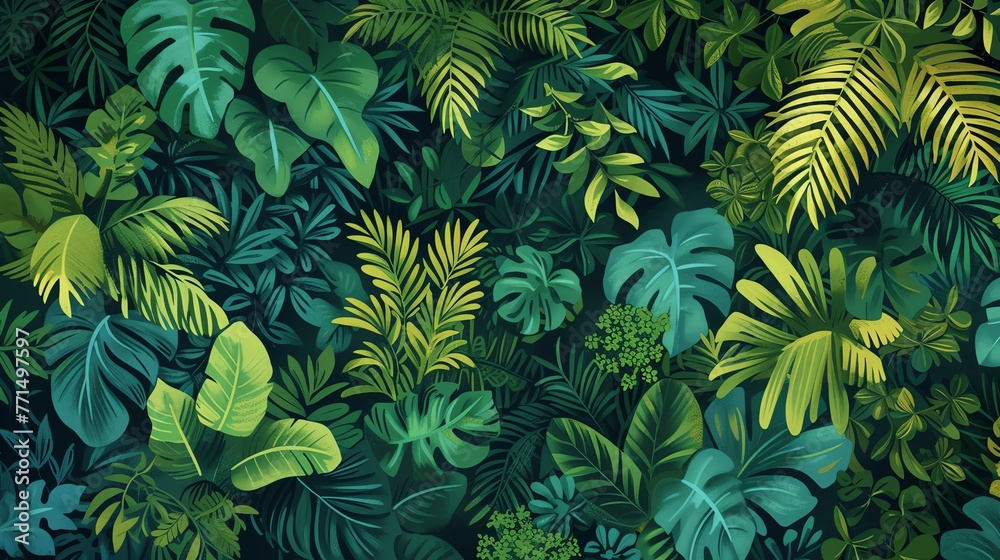 lush green tropical leaves, with vibrant colors and intricate details, perfect for creating a relaxing atmosphere in any room.