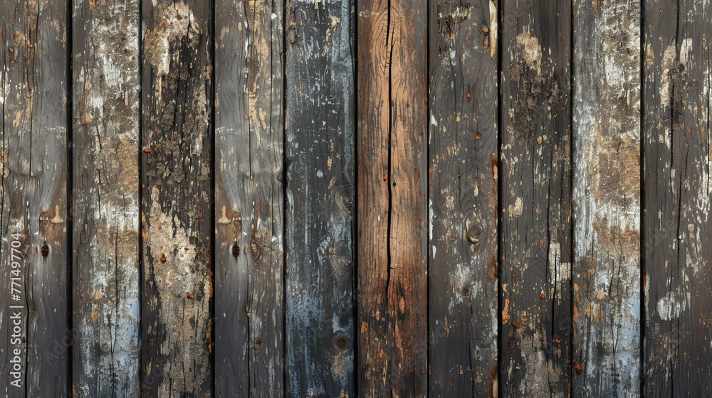 Rustic wooden fence texture with peeling paint. Weathered wood background with cracks and knots.