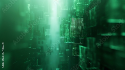 3D rendering of a green digital city. Binary code is flowing through the city. The city is made of glass and metal. The image is dark and mysterious.