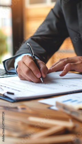 Close-up of businessman signing contract with a pen. Legal document and agreement
