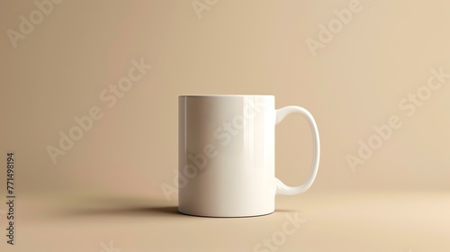 This is a simple 3D rendering of a white coffee mug on a beige background. The mug is in the center of the image and is facing the viewer.