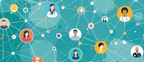 Abstract network of healthcare professionals and medical concepts. Digital healthcare telemedicine