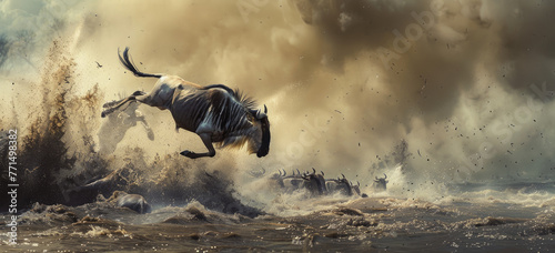Photo of an intense moment as wildebeest jump into the river during their great migration photo