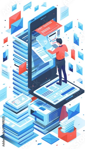 Flat design concept of digital communication with a person managing emails. Email marketing