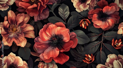 Beautiful floral pattern with red  pink and cream colored flowers. The flowers are set against a dark green background.