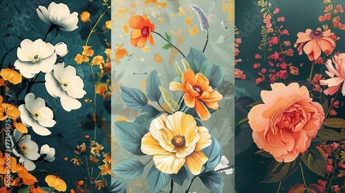 Three floral illustrations with a dark background.