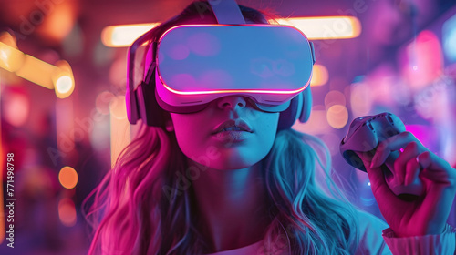 young woman using VR glasses, headset, playing video games, futuristic look, pink and neon colors, artificial intelligence, virtual reality