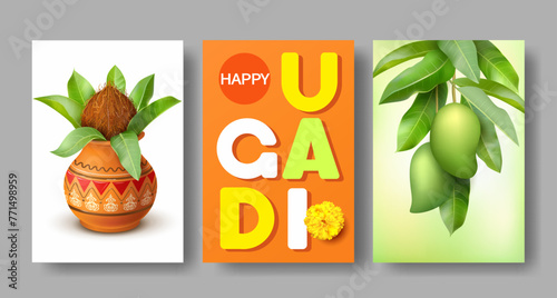 Collection of cards for Indian New Year (and harvest) festival Ugadi (Yugadi, Gudi Padwa). Template for greeting, advertising. Vector set. photo