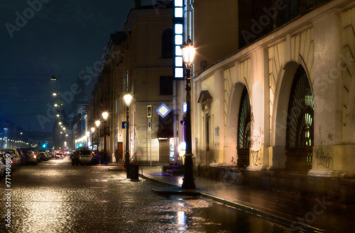 View at the Church of the Savior on Blood, Saint Petersburg on a rainy autumn night