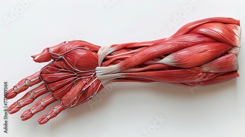 3D render of the human arm muscles and tendons, clipart isolated on a white background photo