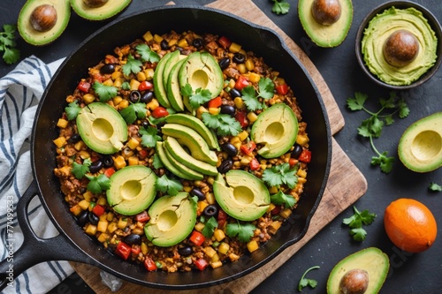 Mexican Casserole in cast iron skillet with garnishes and avocado photo