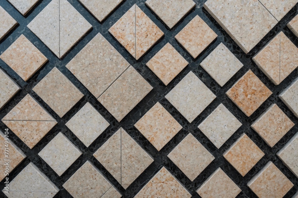 Symmetrical view looking down at diamond shaped granite tile floor Symmetrical view looking down at diamond shaped granite tile floor