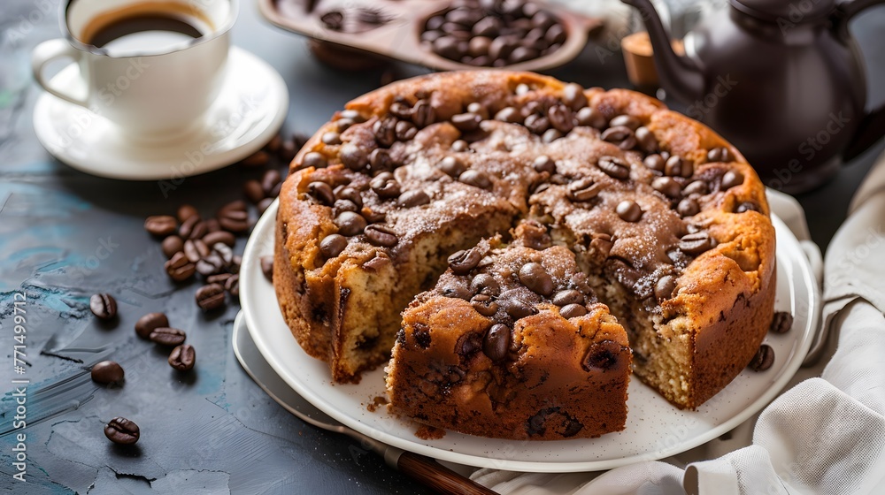 coffee cake. delicious cake made with coffee and decorated with beans