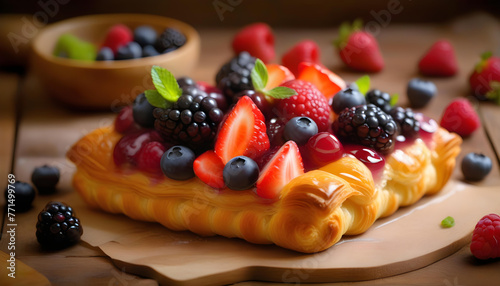 A close-up of a berry croissant pastry on a wooden table