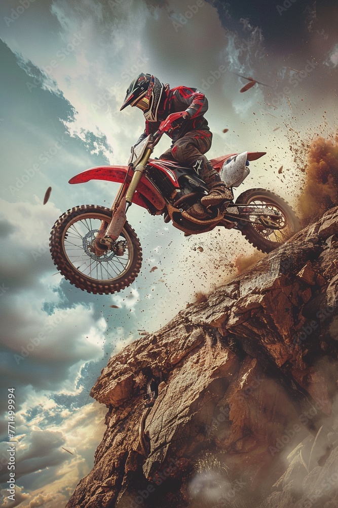 Illustrate a motocross rider launching off a tabletop jump with perfect
