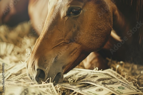 A brown horse standing on a pile of money, symbolizing wealth and success photo