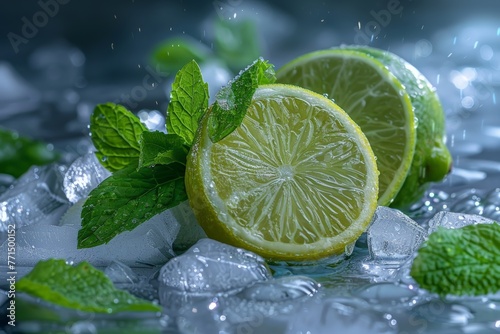 Fresh limes and mints are placed on a bed of ice, with water droplets glistening on the surface