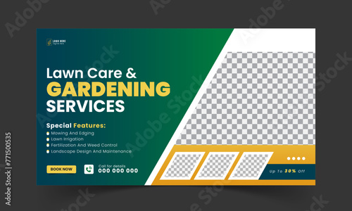 Organic food and agriculture service YouTube video thumbnail design, modern lawn mower garden, or landscaping service social media cover or post template with abstract green and yellow color shapes