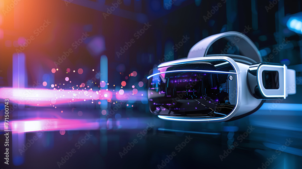 minimalist VR glasses on black purple background, virtual reality, concept of immersive reality minimalist VR glasses on black purple background, virtual reality, concept of immersive reality